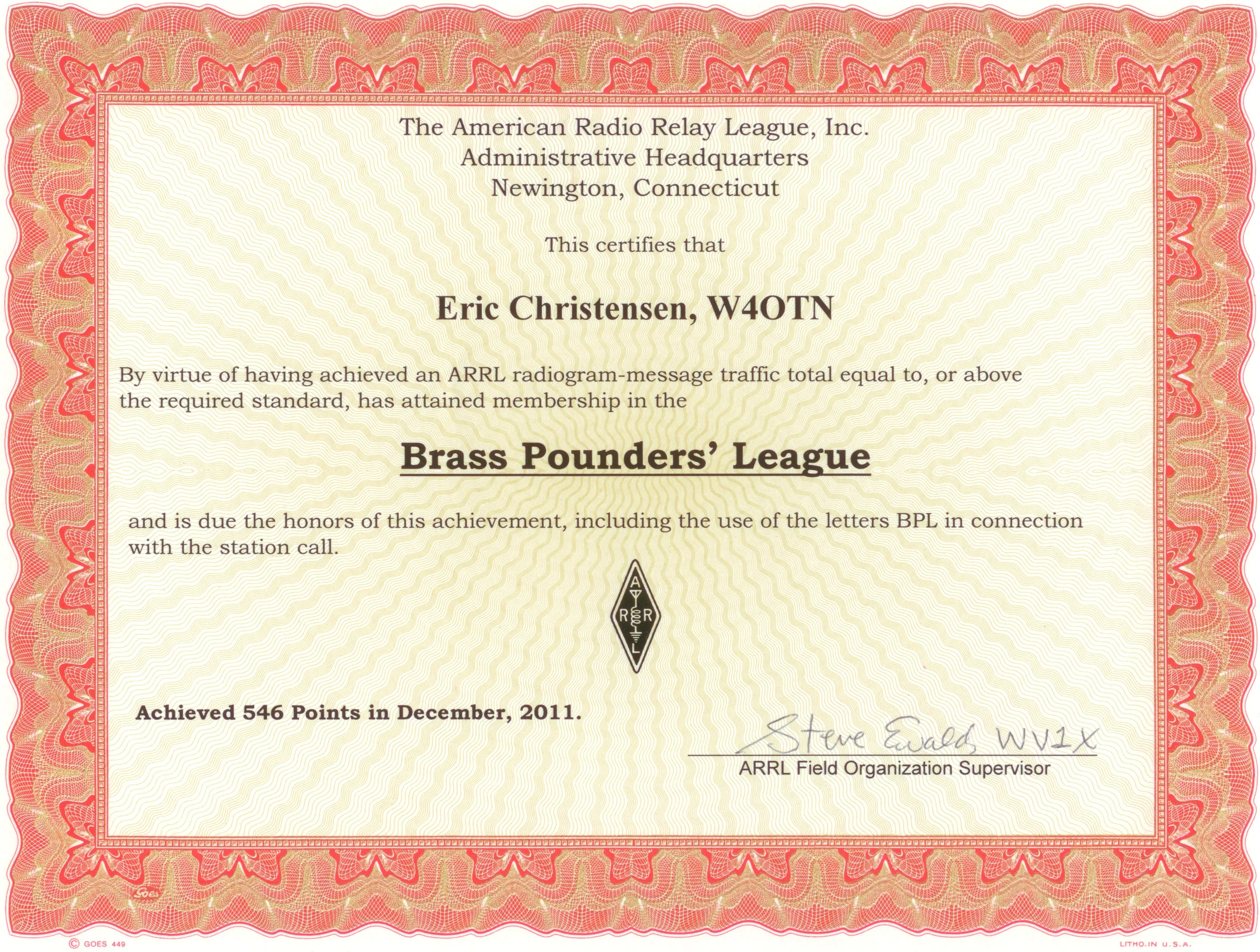 W4OTN's BPL Certificate
