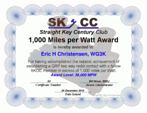 SKCC 1,000 Miles per Watt Award 38000