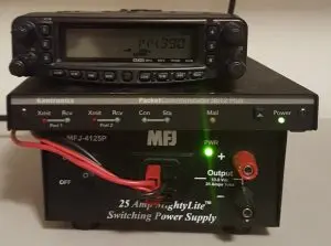 Image of a packet radio station using a Yaesu FT-8900, Kantronics 9612+, and MFJ-4125P power supply.