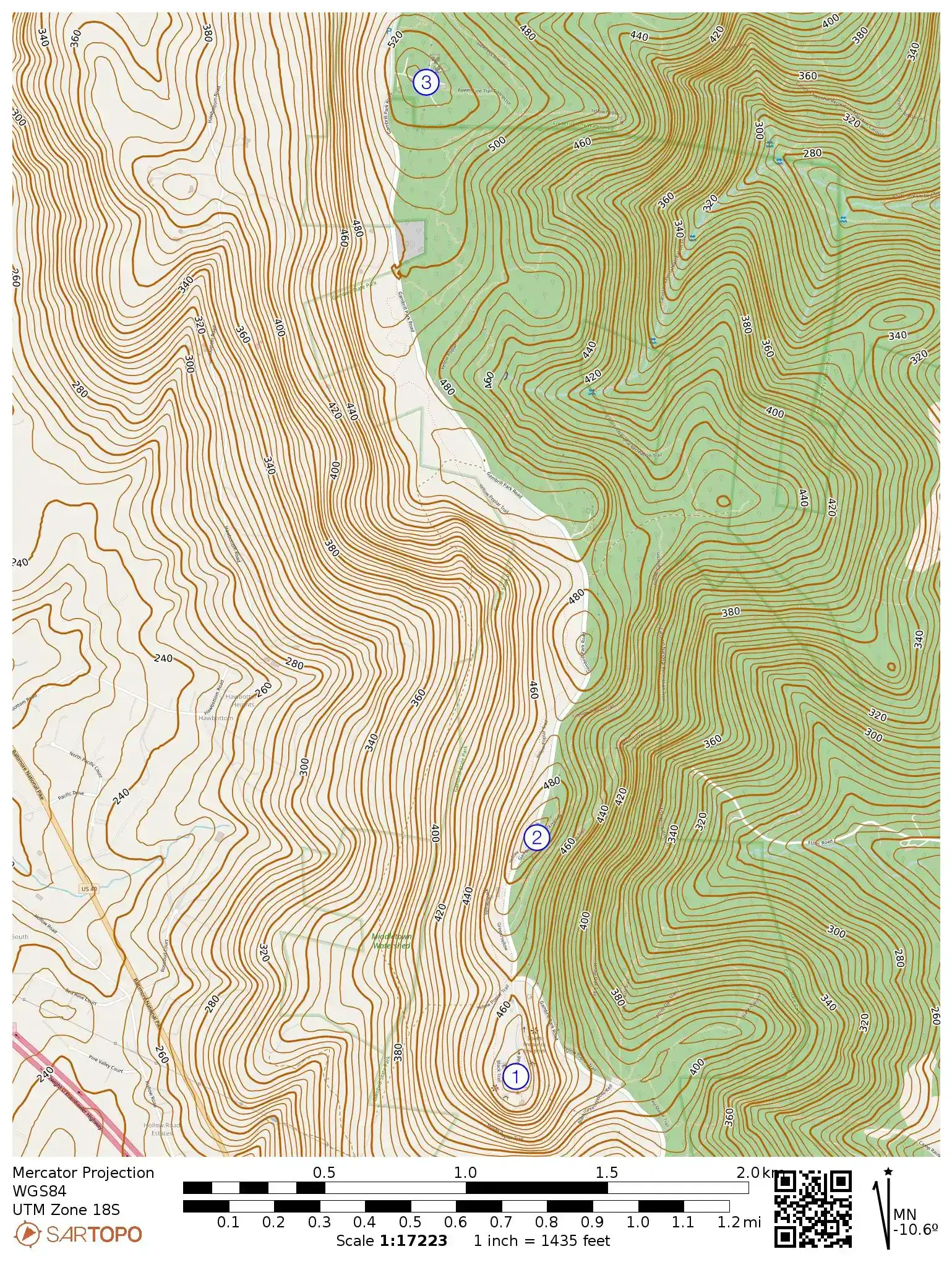 Topographic chart of the three sites for MDMTNS-7